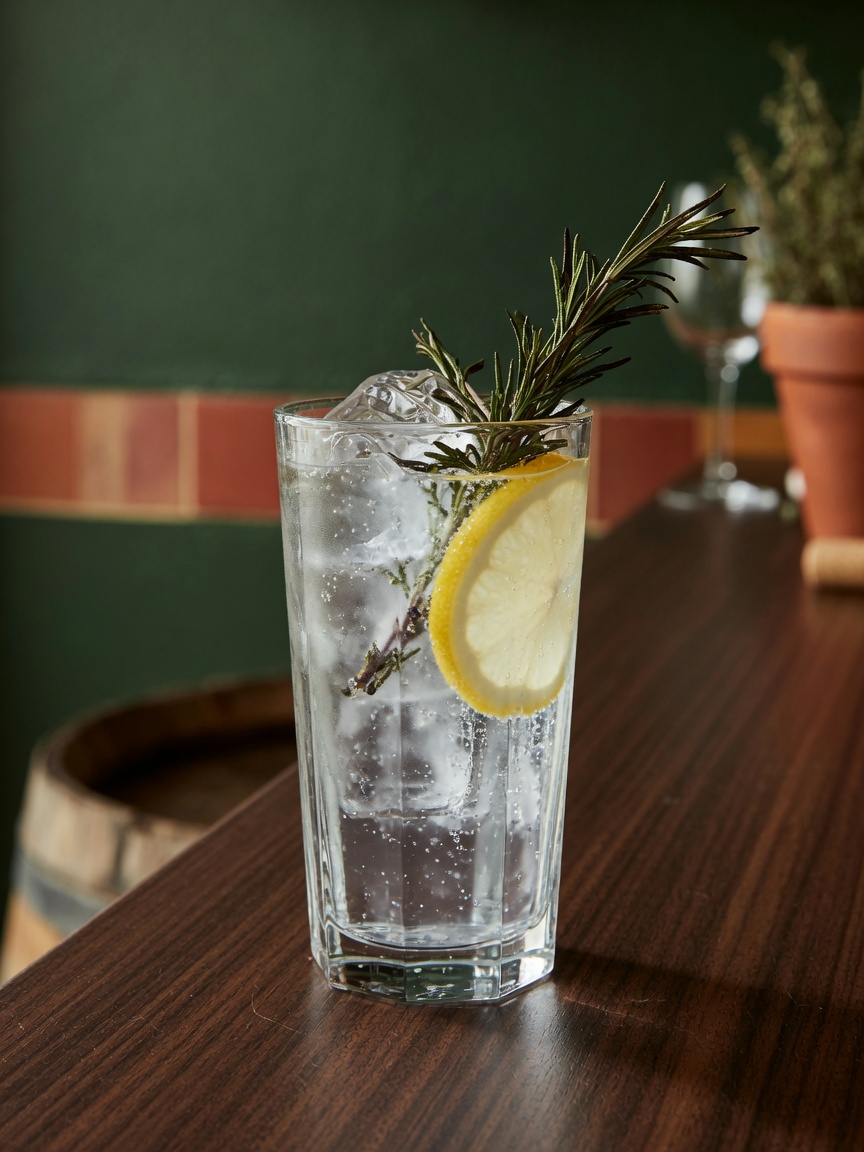 Gin and tonic with lemon and rosemary